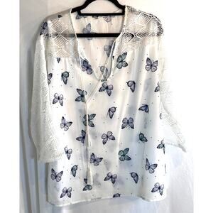 White Butterfly Crochet Sleeve Blouse XL – Boho Sheer Print Top